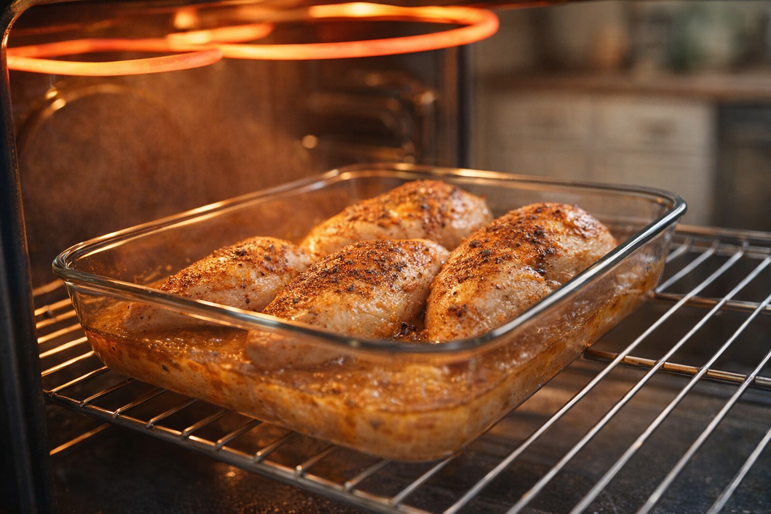Chicken breasts baking in a glass dish in the oven, visible oven rack and heating element, warm oven lighting